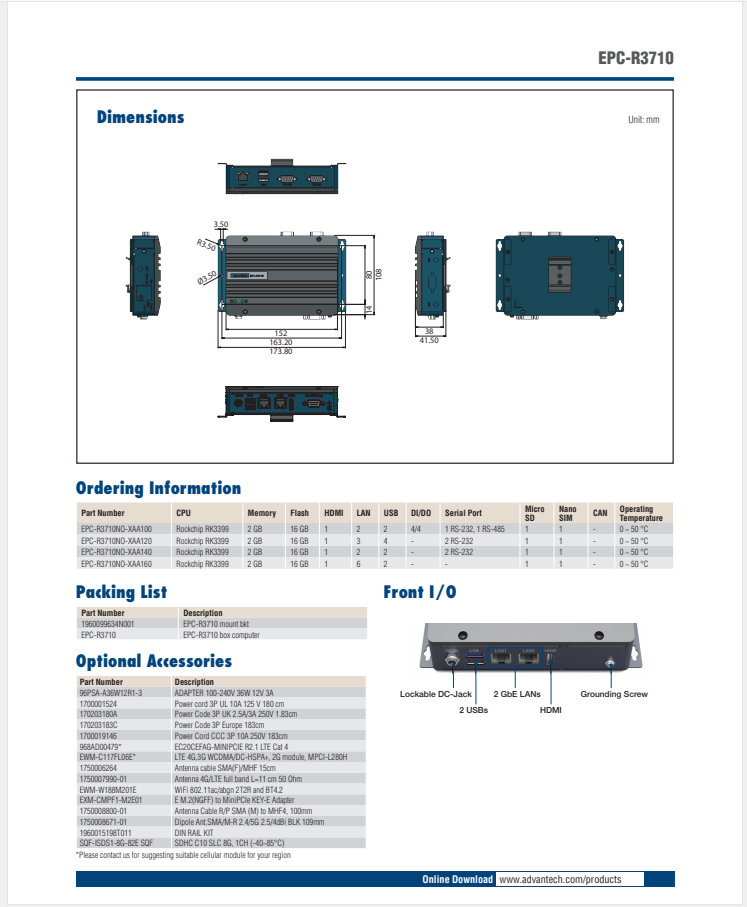 研華EPC-R3710 Rockchip RK3399 Cortex-A72 UIO40-Express Edge AI 工控整機(jī)， 4K display， 2xLan，