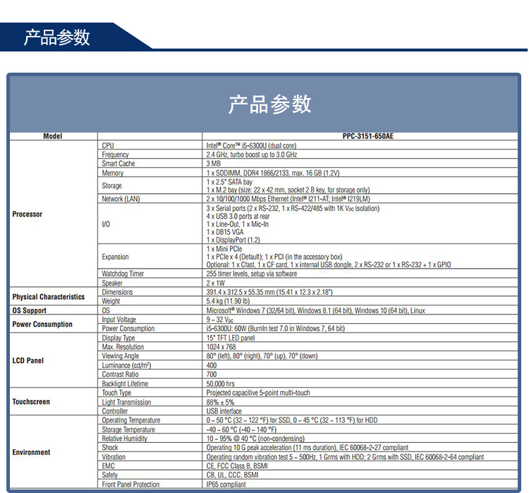 全新研華 嵌入式無風扇寬屏多點觸控工業等級平板電腦 PPC-3151