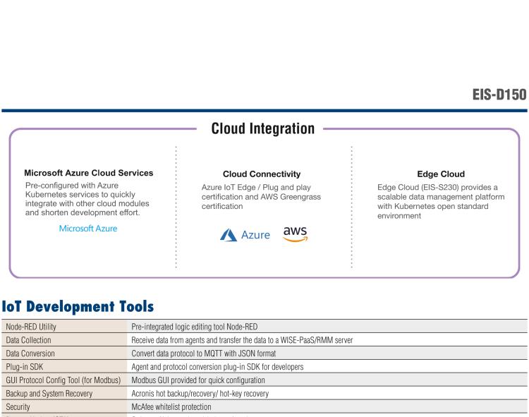 研華EIS-D150 研華EIS-D150，邊緣計算系統，支持Intel 第六代處理器，可選i3/i5/i7 CPU，最高支持 16 GB內存，具備豐富擴展接口 2 x LAN，4 x COM，6 x USB等，同時還可以擴展 iDoor 和 ARK-Plus 模組增加更多的擴展能力，可以根據現場應用需求，靈活定制。