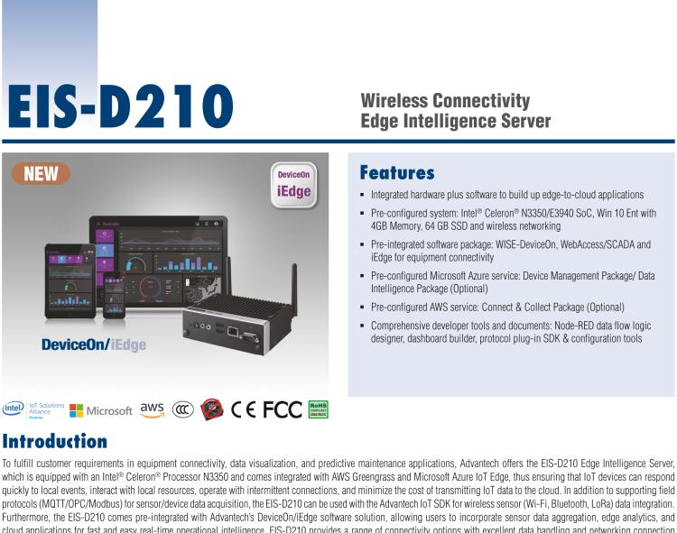 研華EIS-D210 研華EIS-D210，邊緣計算系統網關，Intel Celeron N3350 Dual Core SoC，最高支持 8 GB內存，低功耗邊緣智能設備，具備豐富擴展接口 2 x LAN，2 x COM，4 x USB，1 x VGA等，搭配 Wifi 或 4G 模塊，可以實現無線數據傳輸，體積非常小