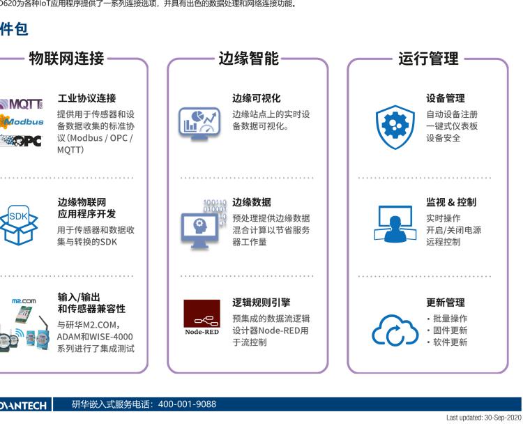 研華EIS-D620 研華EIS-D620，邊緣計算系統網關，基于Rockchip RK3399處理器，板載2GB內存，16GB eMMC 存儲，低功耗邊緣智能設備，具備豐富擴展接口 2 x LAN，1 x COM，1 x USB，2 x HDMI等，體積非常小巧，適用于邊緣設備控制及數據采集等應用場景。