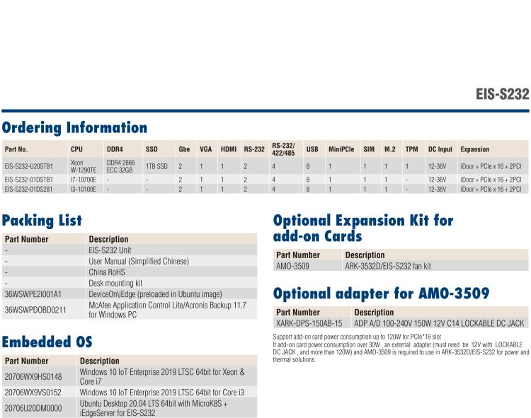 研華EIS-S232 研華 EIS-S232，邊緣計算系統服務器，支持Intel 第十代處理器，可選i3/i5/i7 Xeon CPU，DDR4 最高32GB，最多可支持4 x 2.5寸硬盤，具備豐富擴展接口 2 x LAN，6 x COM，8 x USB，1 x PCIE，2 x PCI。產品生命周期長，穩定可靠。
