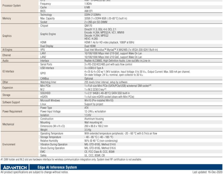 研華AIR-200 基于Intel Core i5-6442EQ處理器，AI計算平臺，內置Myriad X VPU * 2