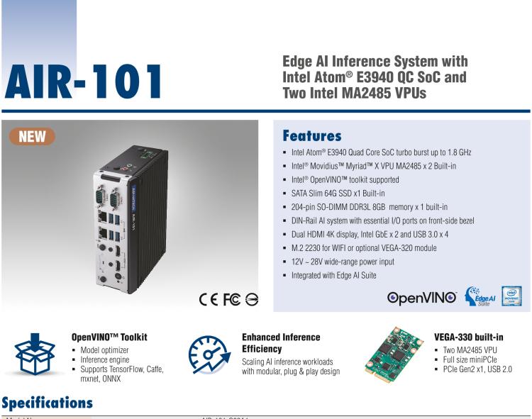 研華AIR-101 基于Intel Atom E3940處理器，AI計算平臺，內置Myriad X VPU * 2