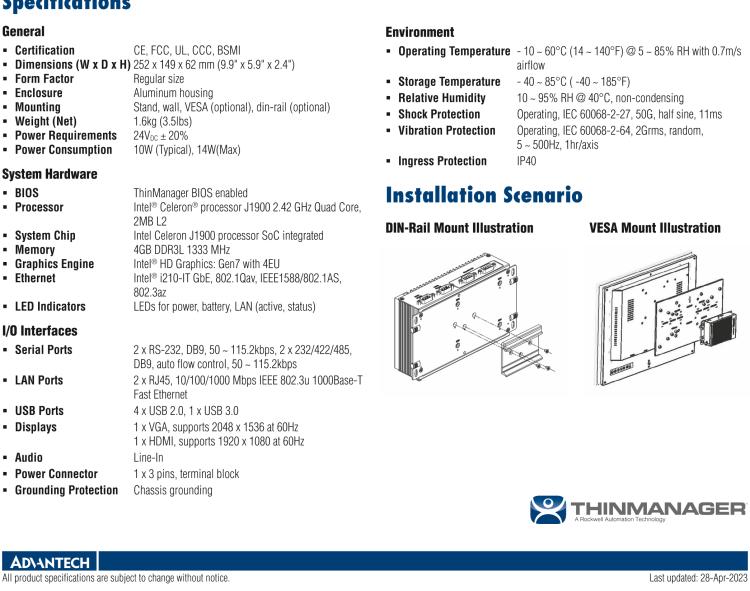 研華ESRP-CMS-UNO2473 ThinManager Ready Industrial Automation Thin Client with Intel? Celeron? J1900