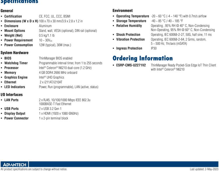 研華ESRP-CMS-U2271V2 ThinManager Ready Pocket-Size Edge IoT Thin Client with Intel? Celeron?N6210