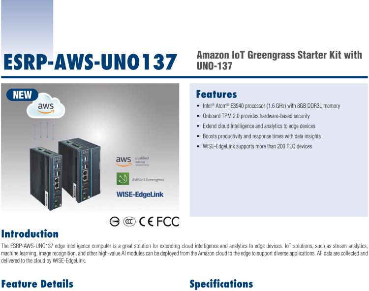 研華ESRP-AWS-UNO137 Intel? Atom? E3940 Compact DIN-Rail Controller with AWS IoT Greengrass and WISE-EdgeLink