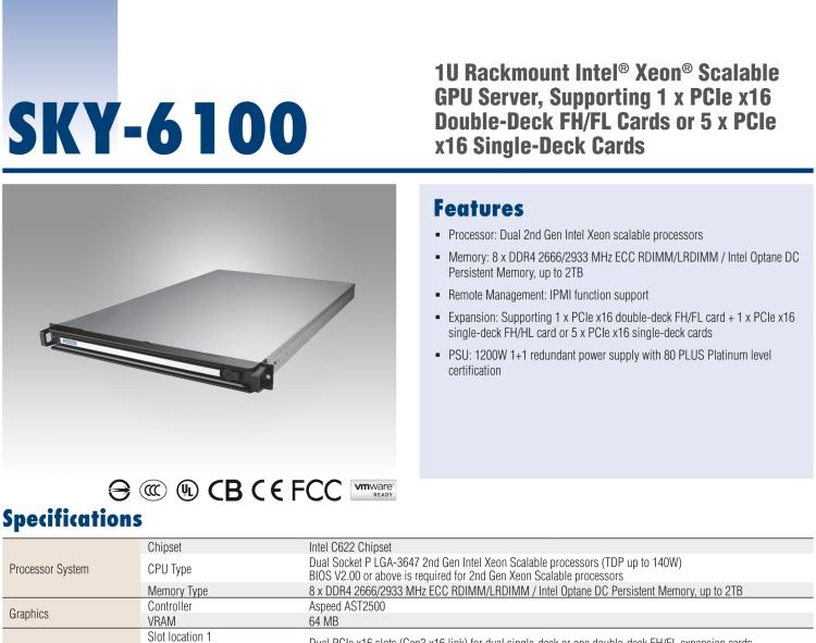 研華SKY-6100 1U 機架式雙 Intel? Xeon? Scalable GPU 服務器, 支持 1 x PCIe x16 雙層FH/FL卡或5 x PCIe x16單層FH/HL卡