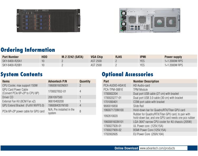 研華SKY-6400 4U 機架式 Intel Xeon? Scalable GPU 服務器, 支持4個PCIex16雙層卡片,1 個 PCIex8 單層 FH/HL 卡片, 和 1 個PCIex4 卡片