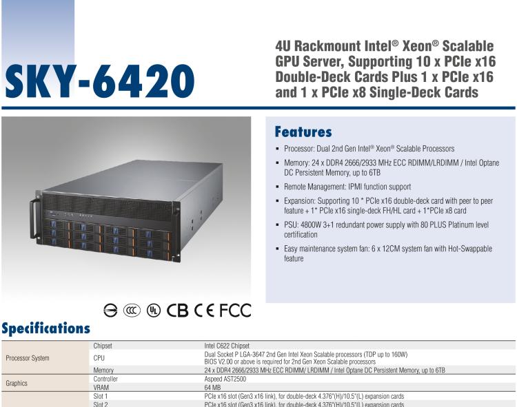 研華SKY-6420 4U機架式GPU服務器,Intel?Xeon?Scalable系列處理器 支持10個PCIe x 16雙層卡,1個PCIe x 16和1個PCIe x 8單層卡