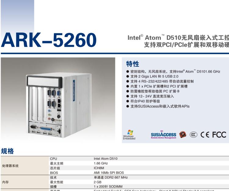 研華ARK-5260 Intel?Atom?D510無風扇嵌入式工控機，支持雙PCI/PCIe擴展和雙移動硬盤