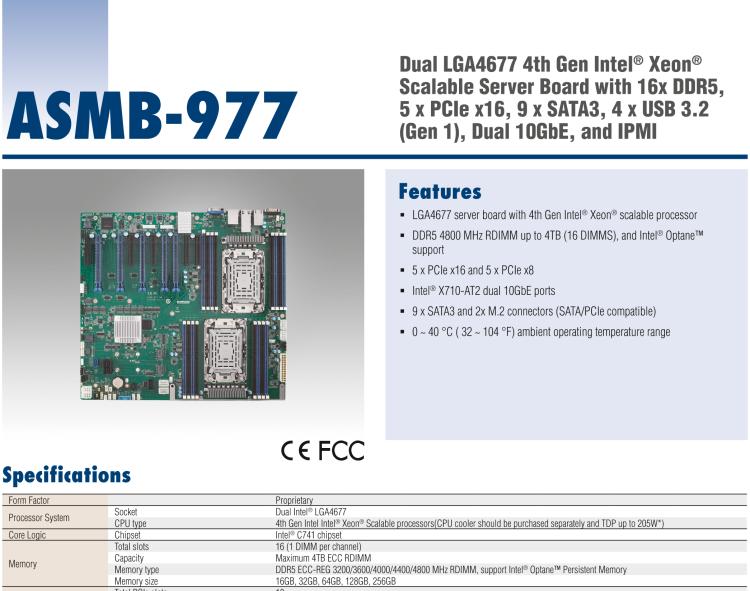 研華ASMB-977 Dual LGA4677 4th Gen Intel? Xeon? Scalable Server Board with 16x DDR5, 5 x PCIe x16, 9 x SATA3, 4 x USB 3.2 (Gen 1), Dual 10GbE, and IPMI