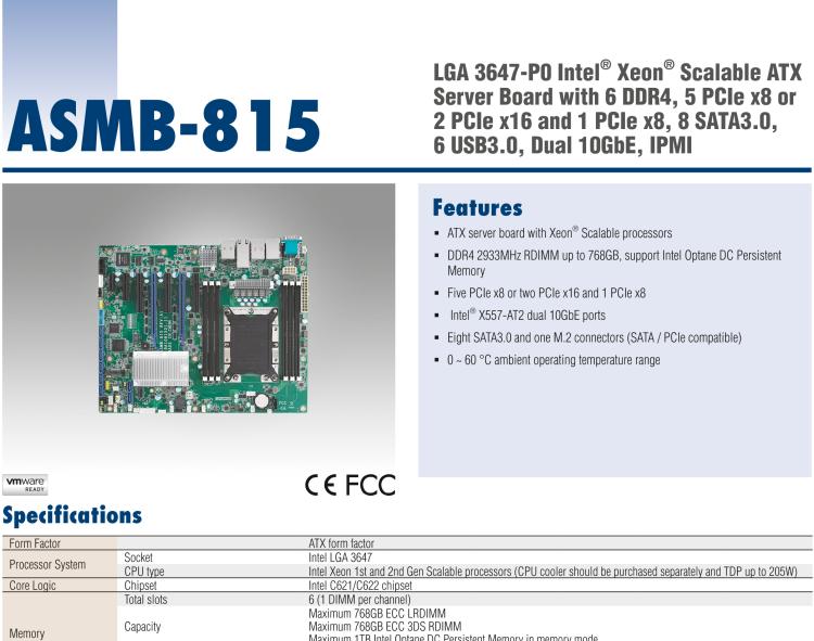 研華ASMB-815 單路LGA 3647-P0 Intel? Xeon? Scalable ATX 服務器主板，帶 6 個DDR4, 5 個PCIe x8 或者 2 個PCIe x16 和 1個 PCIe x8, 8 個SATA3, 6 個USB3.0, Dual 10GbE, IPMI