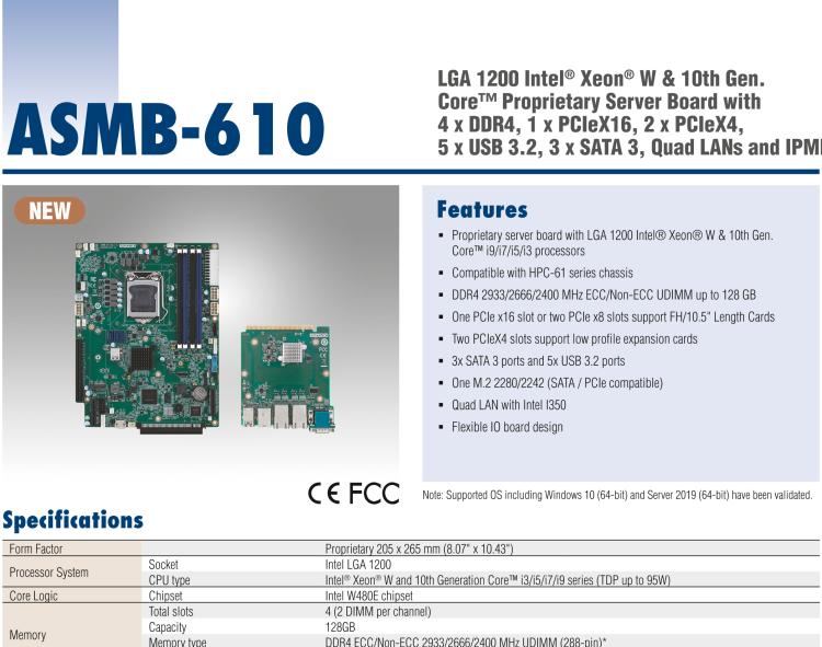 研華ASMB-610 LGA 1200 Intel? Xeon? W & 第十代 Core?專用服務器主板，帶4 x DDR4, 1 x PCIeX16, 2 x PCIeX4, 5 x USB 3.2, 3 x SATA 3, Quad LANs and和 IPMI