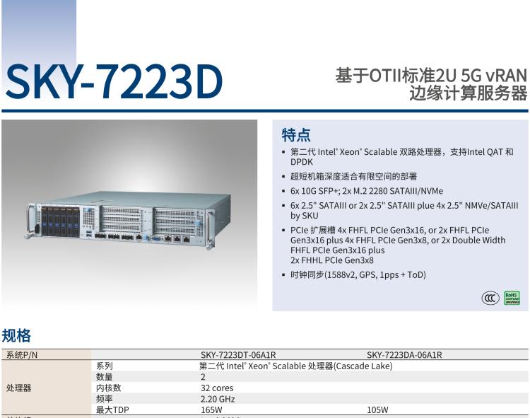 研華SKY-7223D 基于OTII 標準2U 5G vRAN 邊緣計算服務器