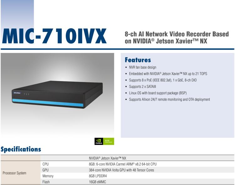 研華MIC-710IVX 基于 NVIDIA? Jetson? Xavier NX 8ch AI 系統