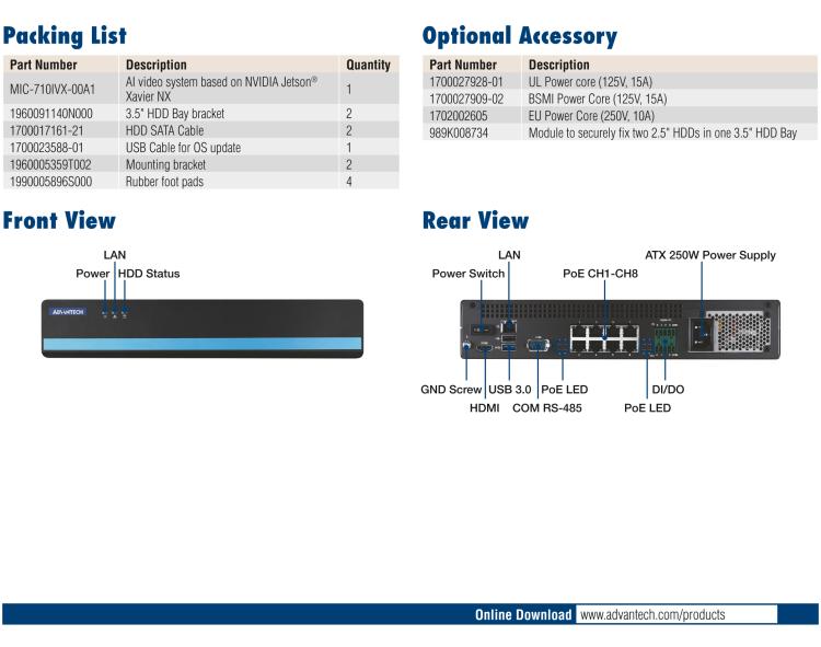 研華MIC-710IVX 基于 NVIDIA? Jetson? Xavier NX 8ch AI 系統