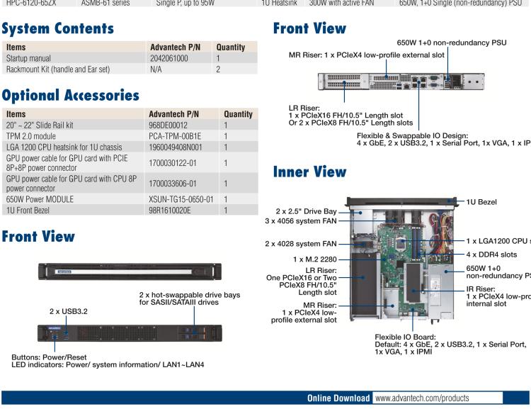 研華HPC-6120+ASMB-610 1U 18" short-depth Edge Accelerator Server with Intel? Xeon? W & 10th Gen. Core? processors, supporting 4 expansion slots