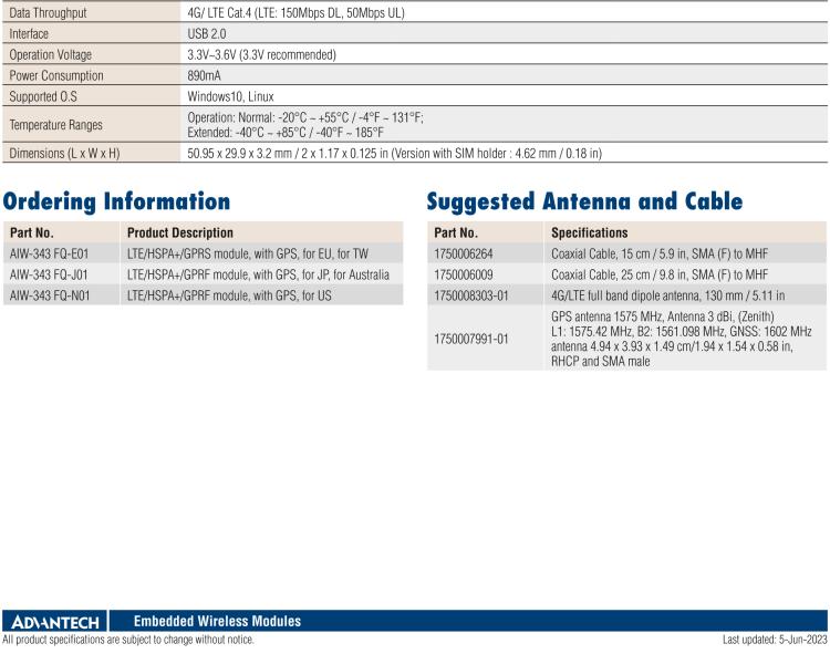 研華AIW-343 4G模組，使用MINI-PCIE規范接口，支持4G LTE CAT4：TDD LTE/FDD LTE/WCDMA/GSM和GPS。