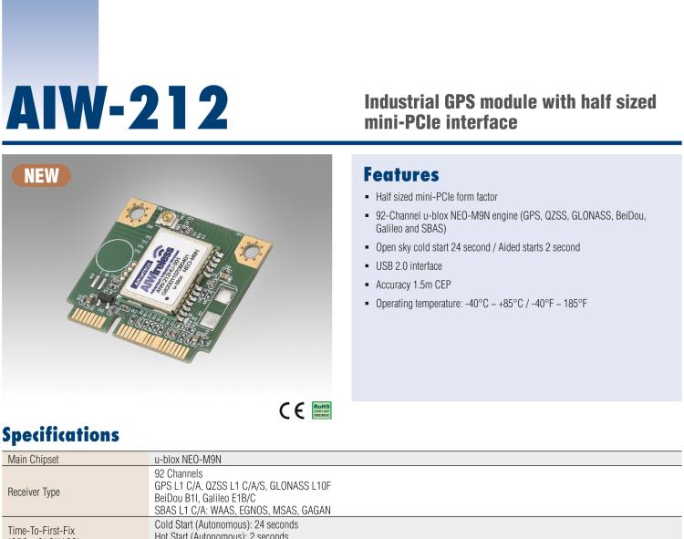 研華AIW-212 工業(yè)級 GNSS（GPS、GLONASS、BeiDou、Galileo、QZSS和SBAS）模塊，半尺寸 mini-PCIe 規(guī)格。