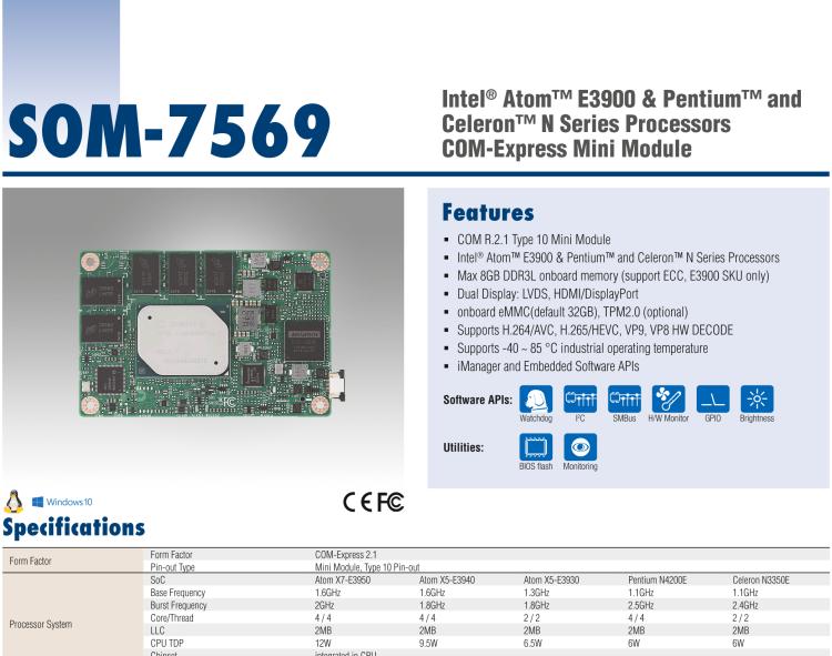 研華SOM-7569 Intel? Atom? E3900 & Pentium? 和 Celeron? N 系列處理器，COM-Express Mini 模塊