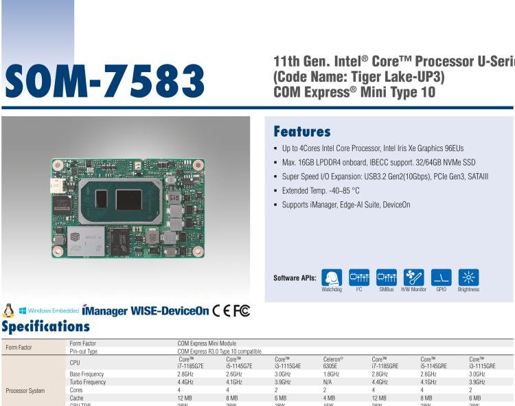 研華SOM-7583 第十一代 Intel? Core U系列處理器，COM Express Mini Type 10 模塊