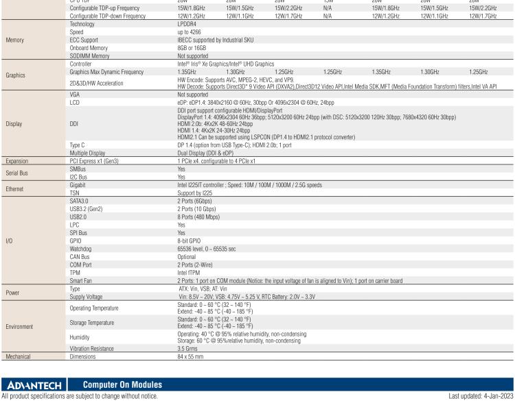 研華SOM-7583 第十一代 Intel? Core U系列處理器，COM Express Mini Type 10 模塊