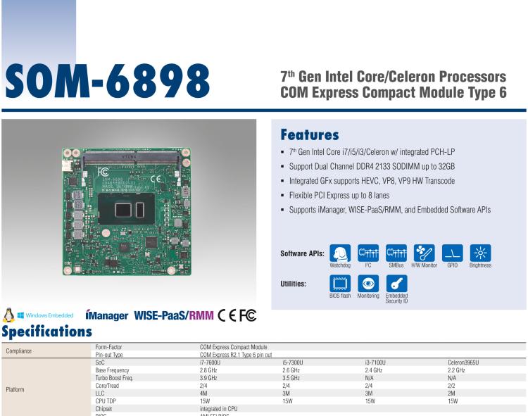 研華SOM-6898 第七代Intel Core/Celeron處理器 COM Express Compact模塊Type 6