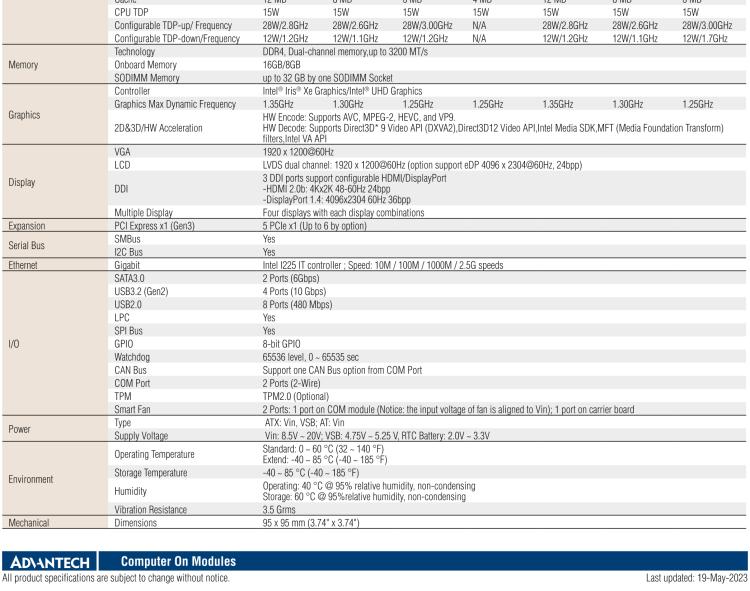 研華SOM-6883 第十一代Intel? Core?處理器U系列（代號：Tiger Lake-UP3），COM Express? Compact Type6