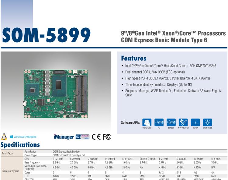 研華SOM-5899 第八代Intel Xeon/Core 處理器， COM Express Basic Type 6 模塊