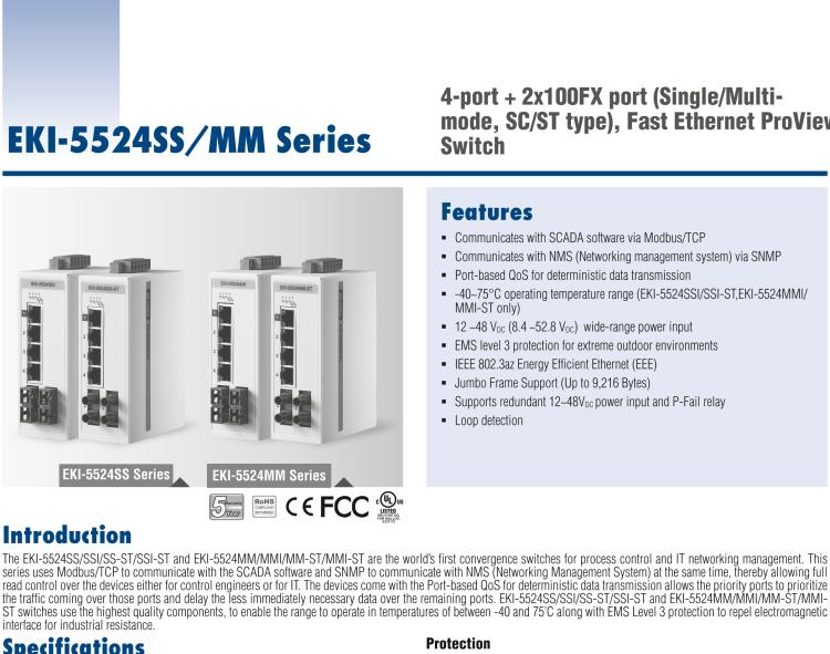 研華EKI-5524MMI 2光4電百兆ProView(組態)系列工業以太網交換機(包含單模/多模、SC/ST接口)