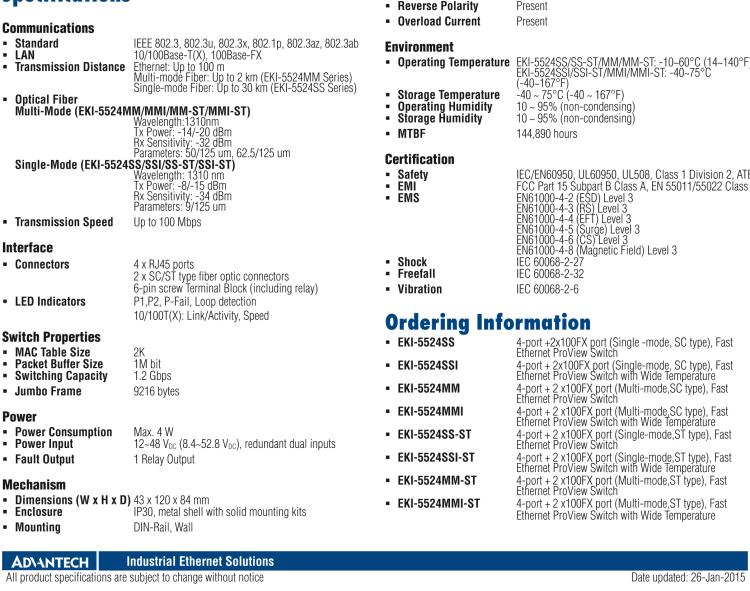 研華EKI-5524MMI-ST 2光4電百兆ProView(組態)系列工業以太網交換機(包含單模/多模、SC/ST接口)