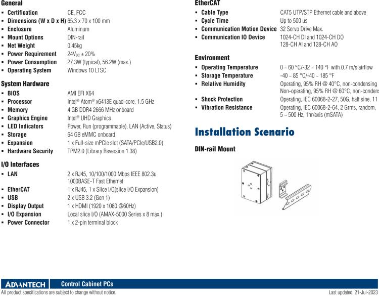 研華AMAX-357 超微型EtherCAT運動控制器，基于PC架構開發，配置了Intel Atom處理器，具有64GB eMMC、2 x LAN、2 x USB和Slice IO擴展