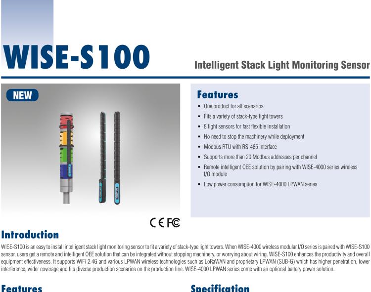 研華WISE-S100 智能堆棧光監測傳感器,易于安裝，適用于多種類型堆棧式燈塔