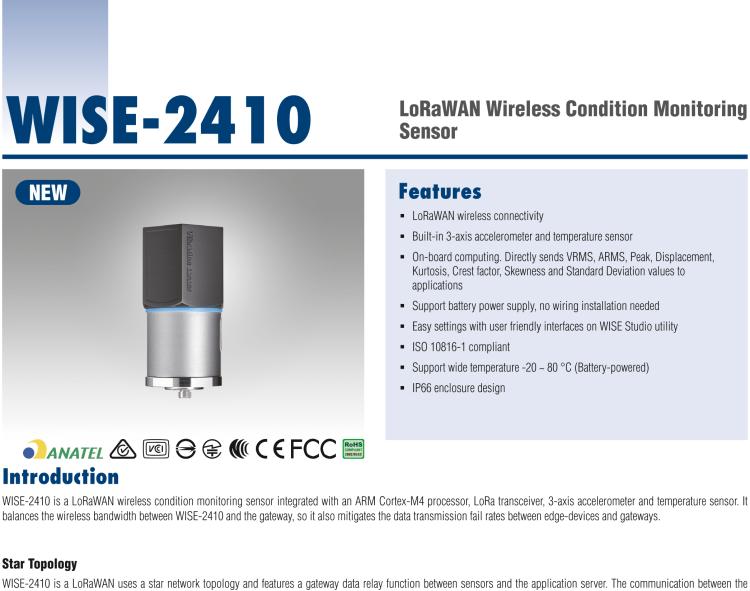 研華WISE-2410 WISE-2410是LoRaWA N無線振動溫度監控傳感器，電池使用周期為2年。