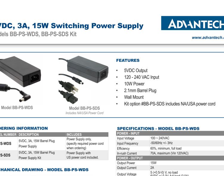 研華BB-PS-SDS Power Supply, AC to 5VDC, 3A, 15W