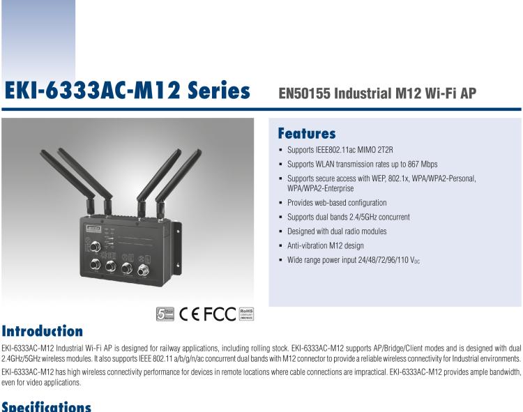 研華EKI-6333AC-M12 EN50155 Railway Concurrent Dual-Band 2T2R Wi-Fi AP/Client