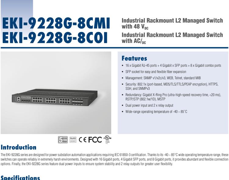 研華EKI-9228G-8CMI IEC61850-3 20GE + 8GE Combo L2 Managed Switch, 48DC