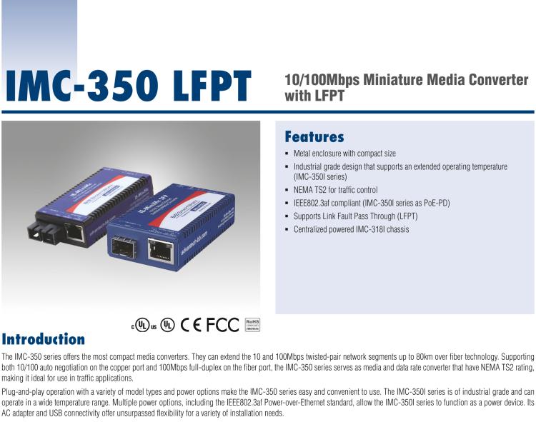 研華IMC-350I-MM-PS-A Mini Hardened Media Converter, 100Mbps, Multimode 1300nm, LFPT, 5km, SC, AC adapter