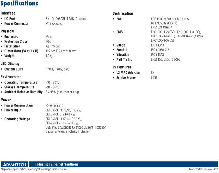 研華EKI-9508E-L EN50155 Unmanaged Ethernet Switch with 8FE, 24-48 VDC