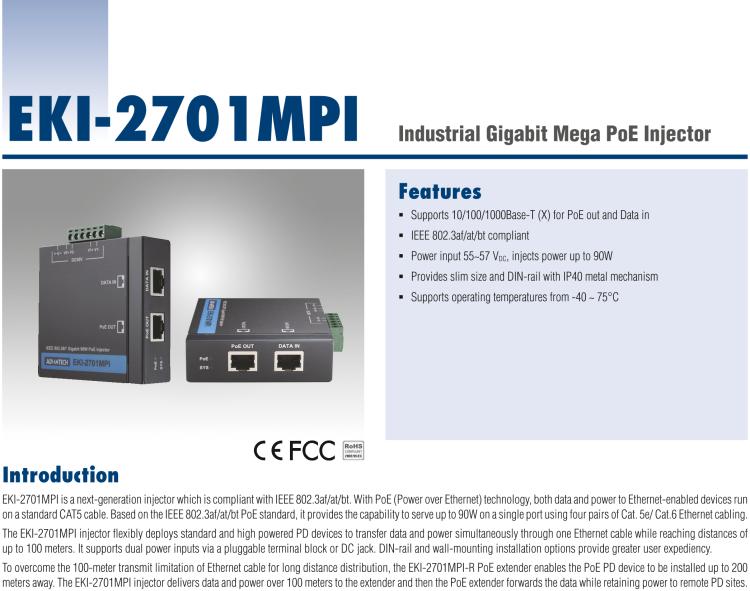 研華EKI-2701MPI Hardened PoE injector, 1000Mbps, 90W