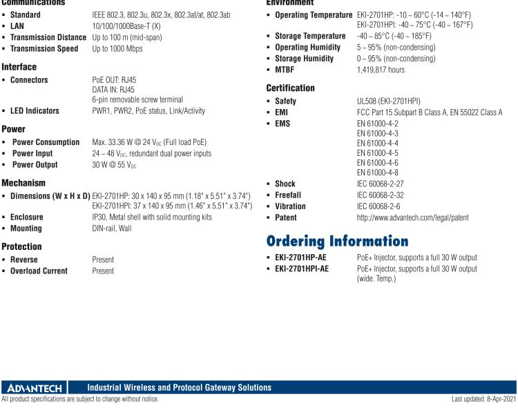 研華EKI-2701HPI IEEE 802.3af/at 工業寬溫型PoE分離器