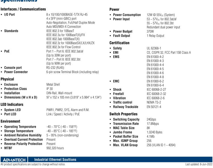 研華EKI-7712G-4FMPI 8GE PoE and 4G SFP Managed Ethernet Switch, IEEE802.3af/at/bt, 53~57VDC, -40~70℃