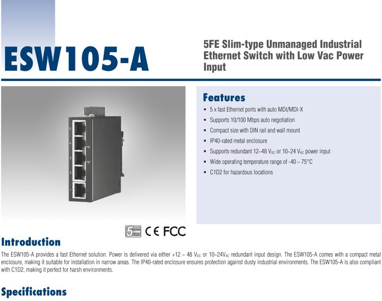 研華BB-ESW105-A 5FE Slim-type Unmanaged Industrial Ethernet Switch with Low VAC Power Input