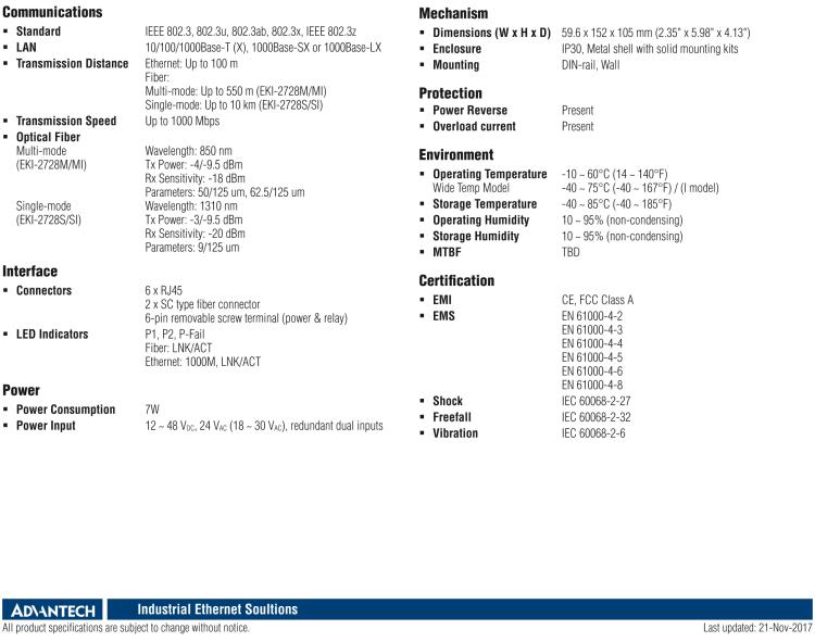 研華EKI-2728MI 6GX+2G多模光纖端口全千兆寬溫非網管型工業以太網交換機