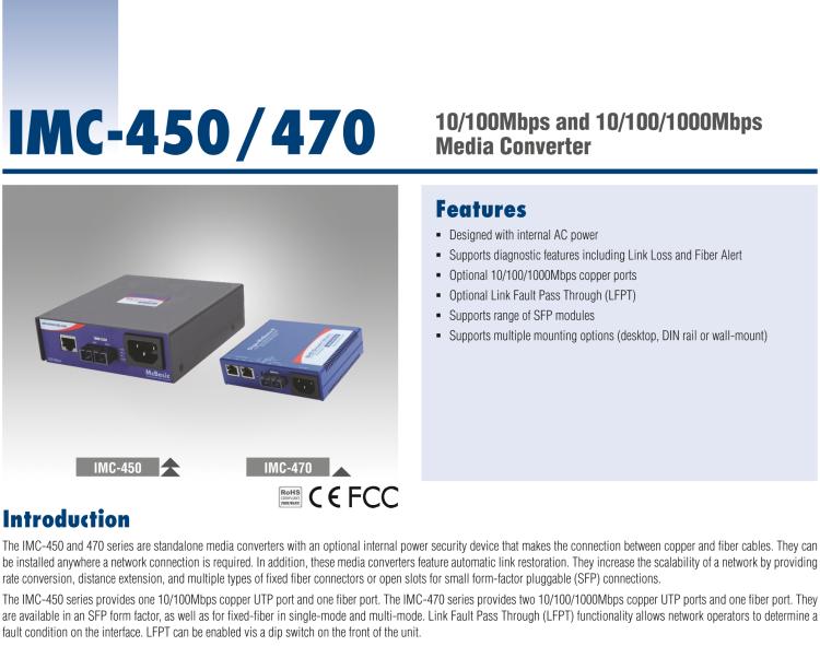 研華IMC-450-MMST-US Standalone Media Converter, 100Mbps, Multimode 1300nm, 5km, ST ,AC adapter (also known as McBasic 855-10927 )