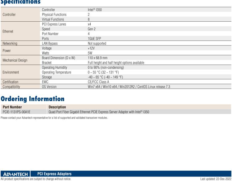 研華PCIE-1131 Quad Port Fiber Gigabit Ethernet PCIE Express Server Adapter with Intel? I350 (Advantech form factor)