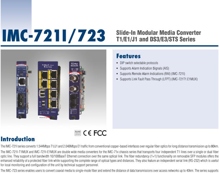 研華IMC-721I-SSET Managed Hardened Modular Media Converter, DS1, Single mode 1310xmt, 40km, SC (also known as iMcV 850-18124)