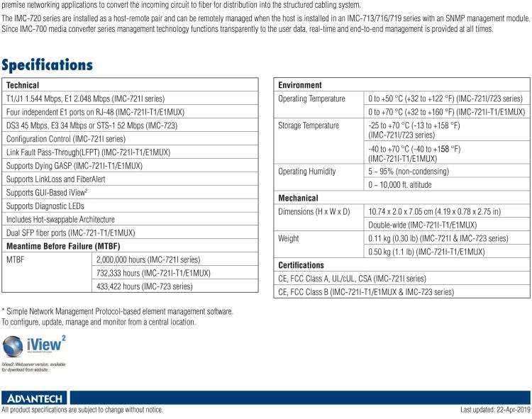 研華IMC-721I-SSR Managed Hardened Modular Media Converter, DS1, Single-Strand 1550xmt, 20km, SC (also known as iMcV 850-18123)