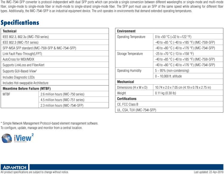 研華IMC-750-SSER Managed Modular Media Converter, 100Mbps, Single-Strand 1550xmt, 40km, SC (also known as iMcV 856-15734)